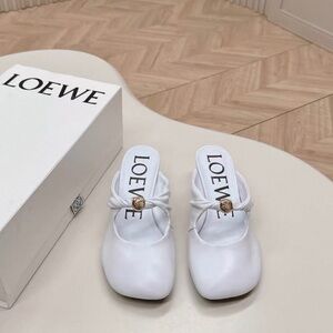 Loewe White Leather Knot-Front Square-Toe Mules with Gold Button Accent